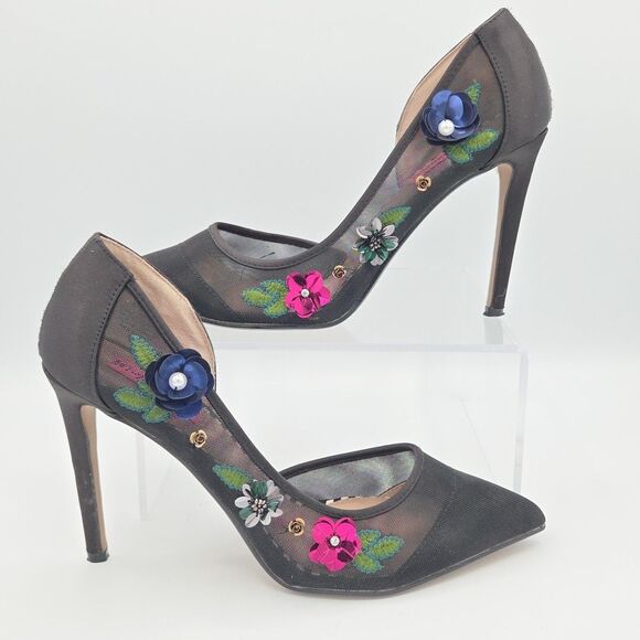 Betsey Johnson Floral Fancy High Heel Black Shoes Size 9 Embellished Pointed Toe - Picture 1 of 9